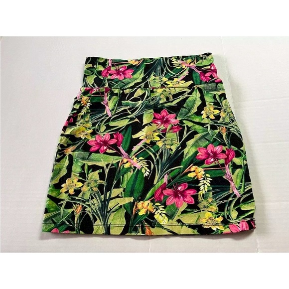 Charlotte Russe Women's mini skirt small green pink tropical bodycon high waist - Picture 1 of 3